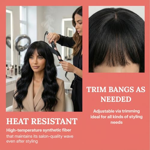 Black Body Wave Wig for Women - 26 Inch Long Synthetic Wig with Bangs - Natural Look - Variation: Black