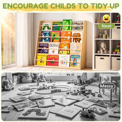 Kids Wooden Bookshelf 4-Tier Montessori Display - Child-Safe Natural Pine