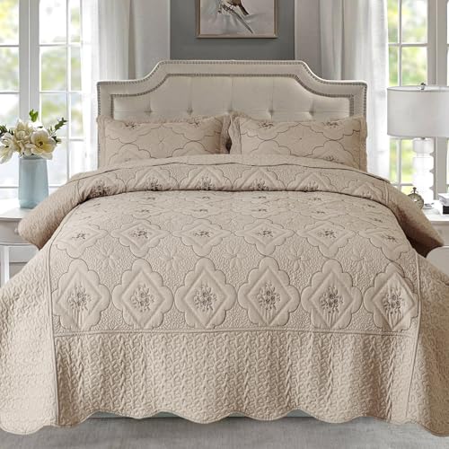 Cmfshape Oversized Floral Embroidery Quilt Set - Super King Taupe 120x120