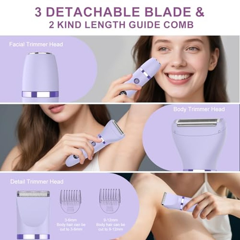 3-in-1 Electric Razor IPX7 Waterproof Bikini Trimmer Wet & Dry Use Painless Personal Trimmer Groomer for Ladies Face Body Legs Bikini Public Hairs Electric Lady Shaver with Replaceable Heads