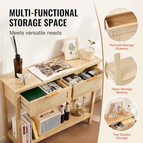Natural Rattan Console Table with 2 Drawers | Entryway & Sofa Table - 2 Drawers