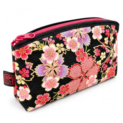 Small Traditional Edo Komon Makeup Bag with Cherry Blossom Design - Black Pink, Made in Japan