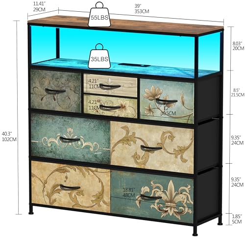 TV Stand with Power Outlet LED Light and 6 Drawers - Rustic Wooden Top, 39.4" Wide - Variation of THIS listing