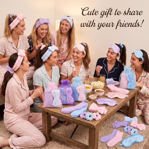 Wavyknot 30 Pcs Spa Party Favors Set with Headbands, Eye Masks, Socks & Organza Bags - Pink, Blue, Purple