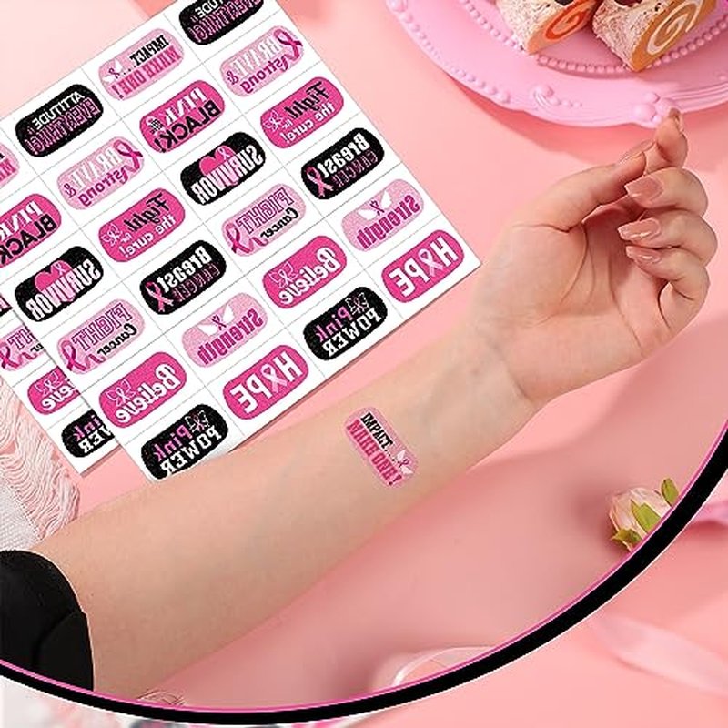Landhoow 240 Pcs Pink Ribbon Breast Cancer Awareness Face Tattoos Stickers Bulk Ribbon Temporary Tattoo Glitter Eye Body Tattoo Stickers and Decals for Cancer Awareness Party Supply