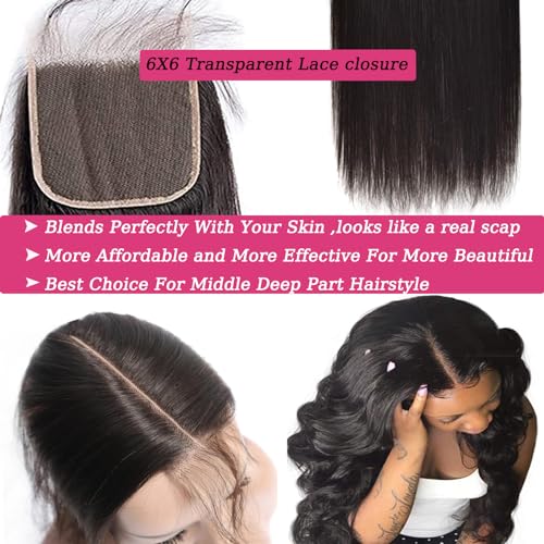 KAFEIER Natural Black 6x6 HD Lace Closure 12 Inch Brazilian Human Hair Straight Wave