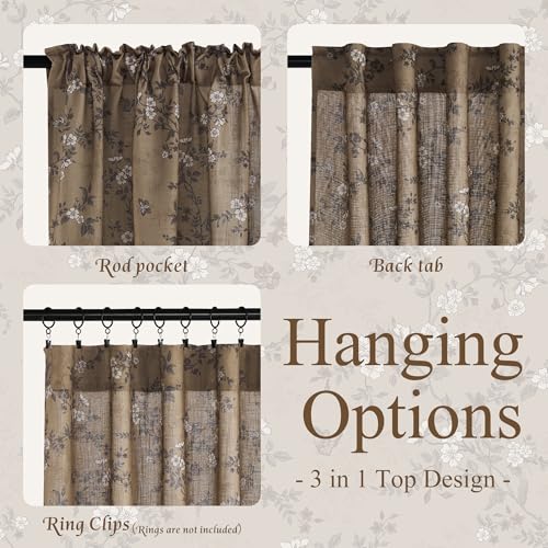 A-khaki Linen Floral Butterfly Curtains 52"W x 84"L 2 Panels - Elegant Window Drapes