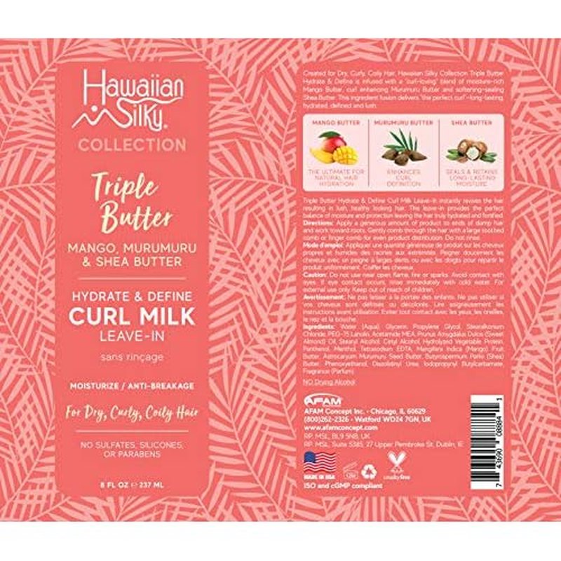 Hawaiian Silky Mango and Murumuru Butter Leave-In Curl Milk, 8 fl oz with Shea Butter for Moisture & Anti-Breakage | No Sulfate, Silicones or Parabens | Hawaiian Silky Triple Butter Collection