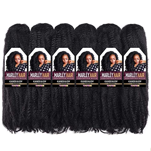 Marley Hair Crochet Braids 26 Inch - Natural Black, 6 Packs, Afro Kinky Curly Synthetic Extensions, Includes Crochet Needle - Variation of 26 Inch (Pack of 6) / 1B