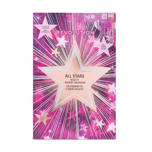 Revolution Makeup Advent Calendar, 24-Piece Beauty Gift Set for Lips, Eyes, & Face, Features Essential Cosmetics & Tools, Vegan & Cruelty-Free