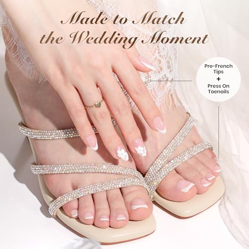 Beetles French Tip Press On Nails - Wedding Beauty Box | Short Almond Press On Nails Kit | 16 Sizes 224 Pcs All-in-One Kit With Nail Glue,Builder,Top Coat,Nail Lamp,Nail Tools Gift