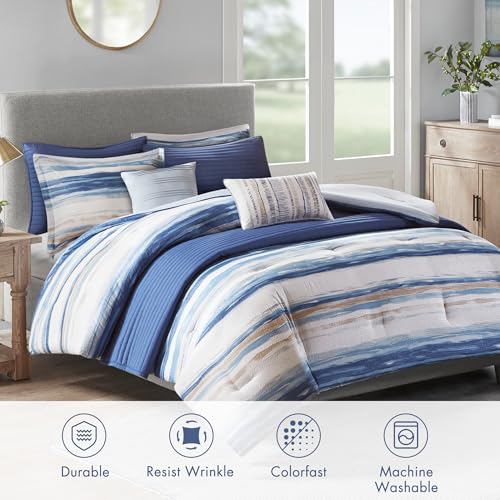 King Marina Coastal Stripes Blue Comforter Set - 8PC Microfiber Bedding