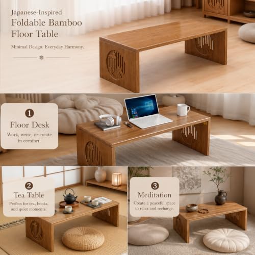 Japanese Folding Bamboo Coffee Table 31.5 Inch Low Floor Desk for Living Room