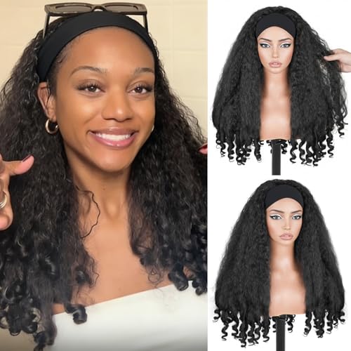 Afro Curly Headband Wig for Black Women - 22 Inch Kinky Curly Synthetic Half Wig with Bouncy Ends - Black Variation
