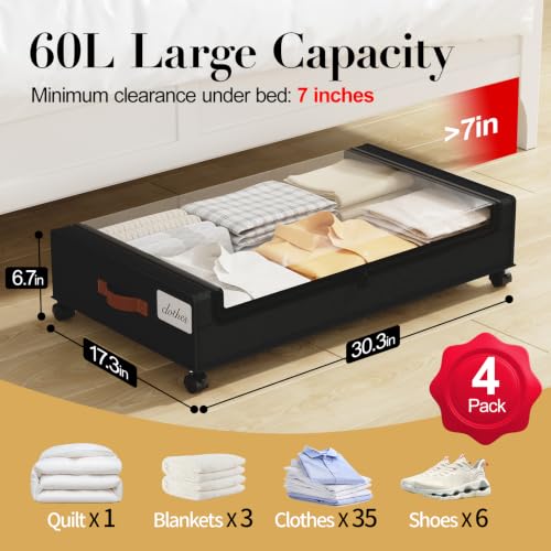 Yecaye Black 60L Under Bed Storage with Wheels - 4 Pack
