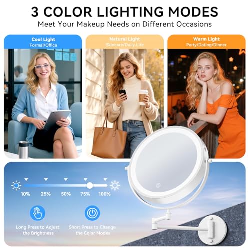 9'' 30X/1X Wall Mounted Lighted Makeup Mirror, 5000mAh Rechargeable Double-Sided Magnifying Mirror with Light, Vanity Mirror Touch Dimmable 3 Colors 360¡Æ Rotation Extended Foldable Arm, Power Adapter