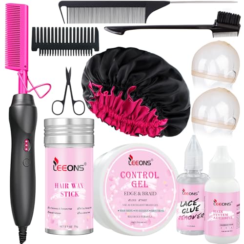 Electric Hot Comb Hair Straightener Electrical Straightening Comb Curling Iron for Natural Black Hair Wigs Pressing Combs with Lace Glue Hair Wax Stick Edge Control Set