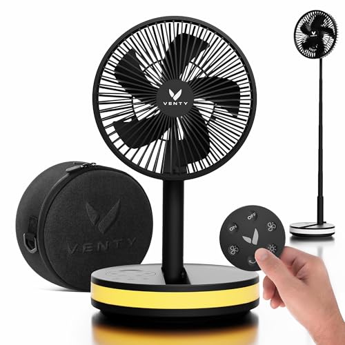 VENTY Black Portable Fan with Remote - Wireless Battery Operated Oscillating Fan with LED Lights, 4 Speeds & USB-C Power Bank