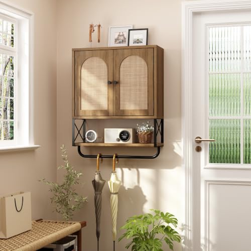 Rustown Rattan Bathroom Wall Cabinet - Natural Oak, Medium Size Over Toilet Storage