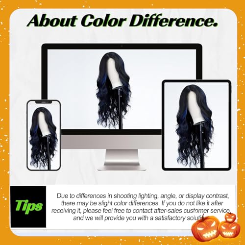 Long Wavy Black Wig with Blue Highlights - 26 Inch Synthetic Heat-Resistant Hairpiece for Daily & Party Use