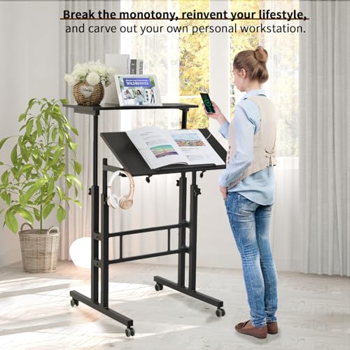 Black Adjustable Mobile Standing Desk with Charging Station & Wheels - 23.6"