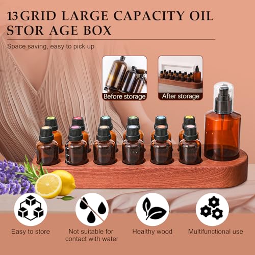 Wooden Essential Oil Holder with 13 Holes (3cmx12 & 5cmx1), Retro Desktop Display Rack for Bathroom Vanity Desk Organizer