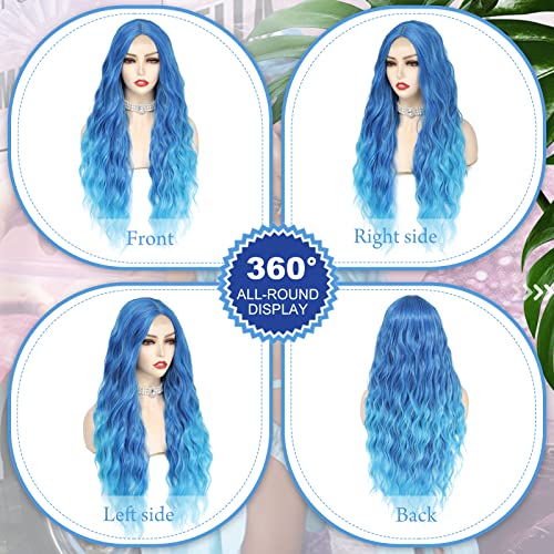 BUPPLER Blue Long Wavy Cosplay Wig 28 Inch Middle Part Synthetic Hair for Women