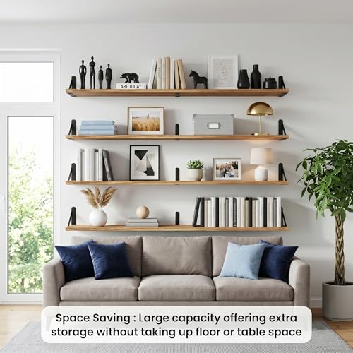 47 Inch Set of 4 Long Floating Wall Shelves - Black Wood Book Storage