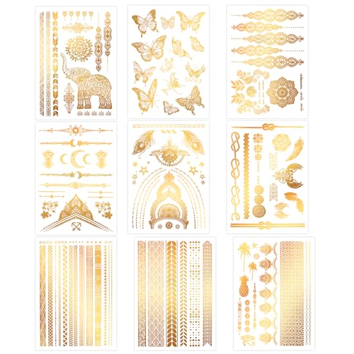 Konsait 9 Sheets Gold Temporary Tattoos, Flash Moon Butterfly Elephant Metallic Tattoos, Metallic Temporary Tattoos for Women Girls, Gold Face Tattoos for Parties Makeup Cosplay Festival Accessories