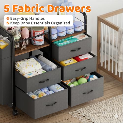 Baby Diaper Caddy Organizer Cart with Drawers & Side Pouch - Nursery Storage