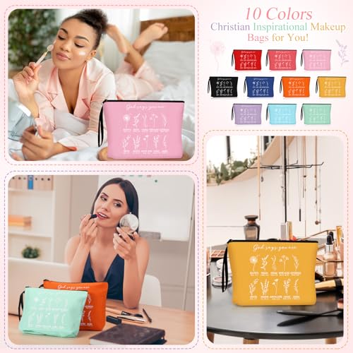 Reginary 10 Pcs Christian Gift for Women Bulk Religious Cosmetic Bag International Women's Day Gifts Inspirational Bible Verse Floral Makeup Bag with Zipper for Sister Church Members (Multicolor)