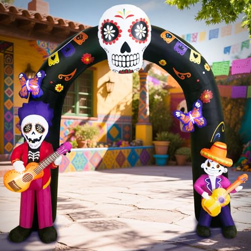 Large Halloween Inflatable Archway with LED Lights - Day of the Dead Sugar Skull & Skeleton Decor