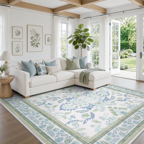 DCX 8x8 Square Washable Rug with Non-Slip Backing - Blue & Green Botanical
