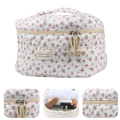Large Cotton Quilted Makeup Travel Bag with Floral Design - Red Rose, 4-Piece Set - Women's Organizer