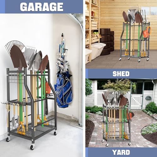 Garden Tool Organizer with Wheels - Black 22.75 Inch Rake & Shovel Stand