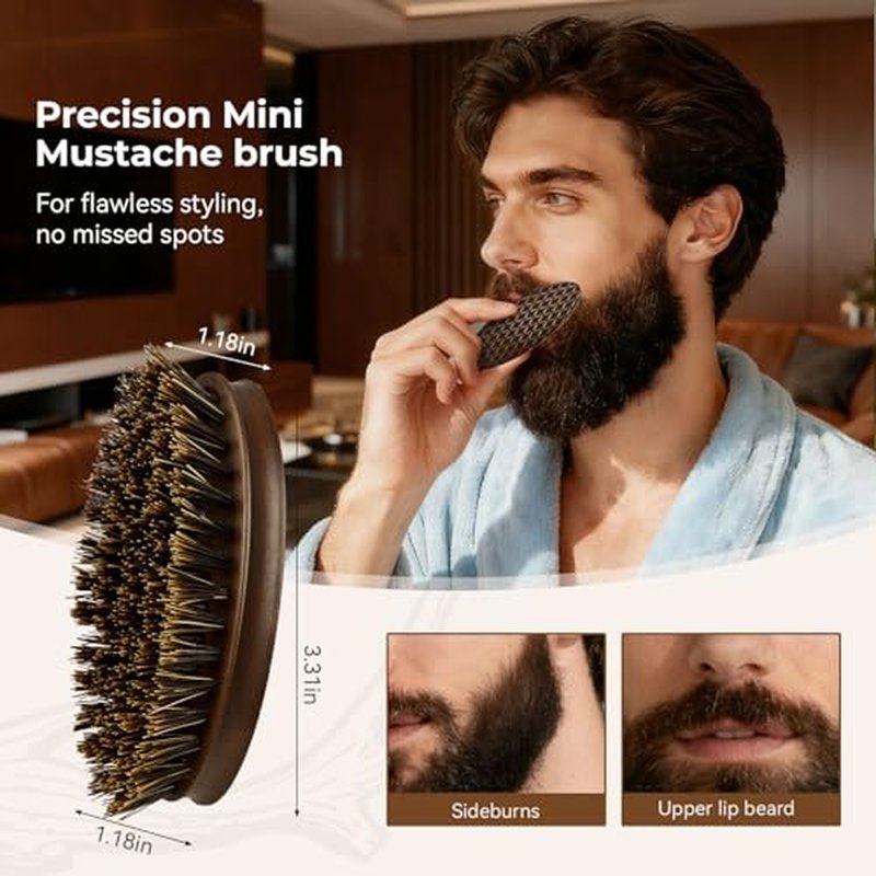 Beard Brush for Men, Travel Pocket Mustache Brushes Grooming Kit with Natural Boar Bristle and Sapele Wood, Folding Scissors & Pouch, Facial Hair Brush Detangles & Shine, Stocking Stuffers