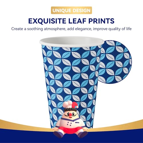 JOLLY CHEF 1000 Pack 16 oz Paper Coffee Cups - Blue & Grey Leaf Design