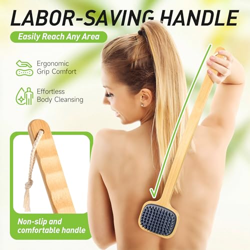 Dual-Sided Back Scrubber with 21.65 Inch Handle - Gentle Silicone Shower Brush