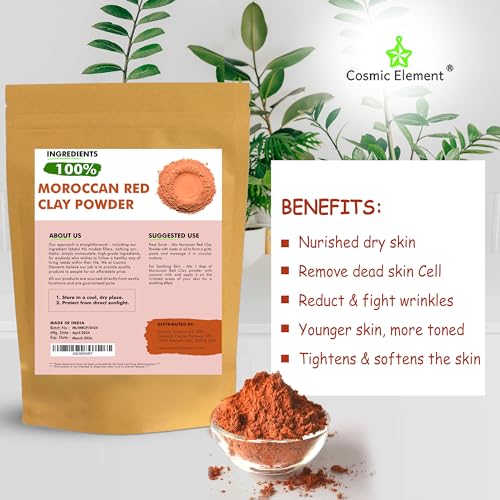 Cosmic Element Moroccan Red Clay Powder - Red Clay Powder for Skin | Suitable for Face, Body Wraps & Hair Care | Clay Mask for Face | Red Clay Masks, Wraps, Scrubs, Soaps, Bath Bombs & Detox ? 4 oz