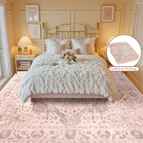 nesrt Pink 8x10ft Boho Area Rug - Washable Non-Slip Indoor Carpet for Living Room & Bedroom
