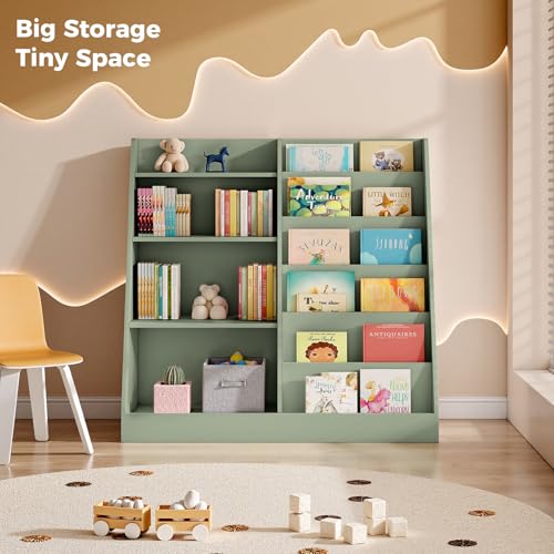 Tatub Upgraded 6-Tier Kids Wooden Bookshelf and Toy Storage with 4 Display Shelves, Sage Green
