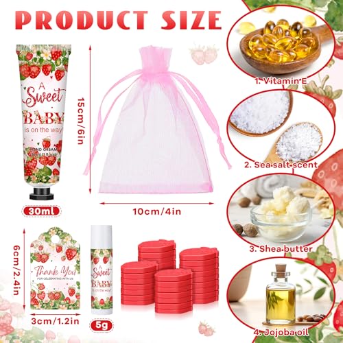 Loopeer 30 Set/150 Pcs Strawberry Baby Shower Favors for Guests Gifts Hand Cream Lip Balm Soap Party Favors Gifts Travel Size with Organza Bags, Thanks You Card for Baby Shower Birthday Wedding