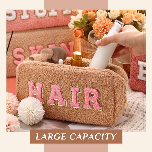 Preppy 4-Piece Makeup Bag Set with Chenille Letter Patches - Lively Color