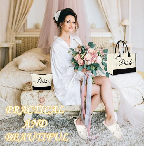 Bride Gift Set Tote Bag Cosmetic Bag Robe Slippers Hair Clip for Wedding Day - Variation of Tote Bag + Cosmetic Bag + Robe + Clip + Slippers