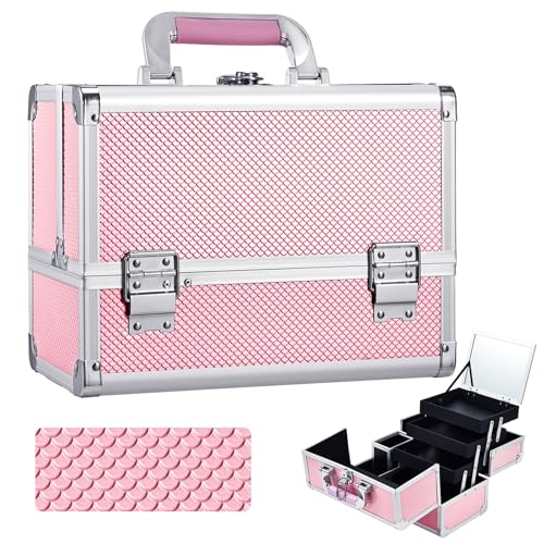 Pink Mermaid Makeup Organizer Case with Mirror & Brush Holder - 11.6"