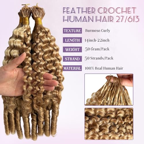 Smavida 18 Inch #27/613 Ombre Burmese Curly Crochet Human Hair Extensions - Pre-Separated Knotless Micro-Loop, 50g/Pack