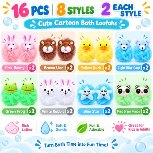 Kids Cartoon Animal Bath Loofahs Bulk 16 Pack Soft Shower Sponges for Children