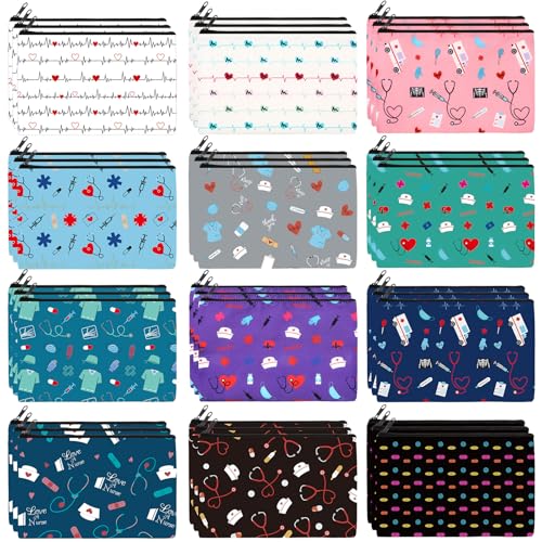 Hillban 36 Pcs Nurse Gifts for Women Makeup Bags Survival Kit Cosmetic Bags Birthday Christmas Gifts for Nurse Practitioner Nursing Zipper Pouch Supplies, 12 Styles