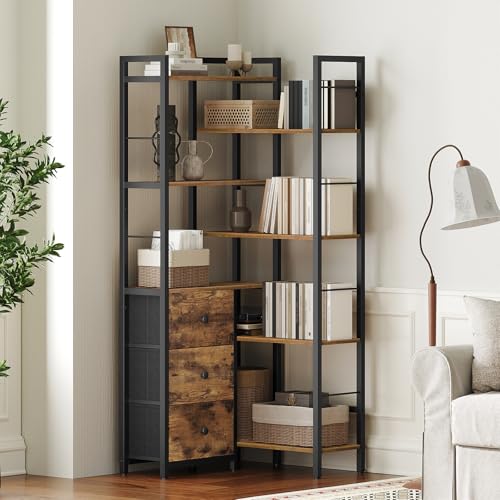 YATINEY Rustic Brown & Black Corner Bookshelf 7-Tier L-Shaped Storage Display