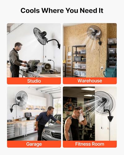 VEVOR 18-inch Wall Mount Fan 2 Pack, Oscillating Industrial Garage Fan with 3 Speeds & Adjustable Angle